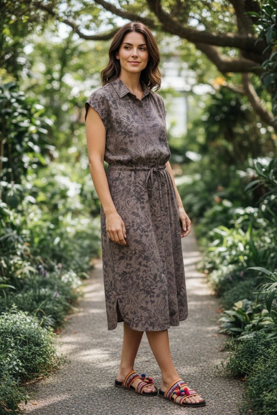 REI Coop Sun Up Shirt Dress Sz M Brown Sporty Gorpcore Stretch Taupe Leaf Midi